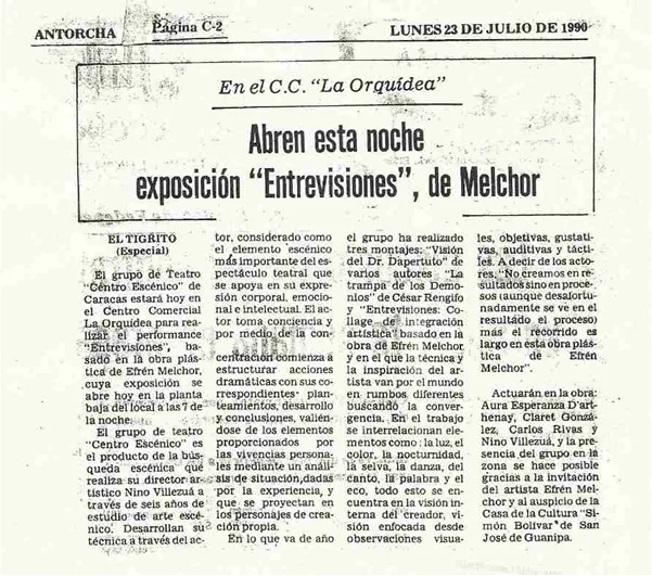Artículo de 1990 sobre la exposición 'Entrevisiones' de Efren Melchor.