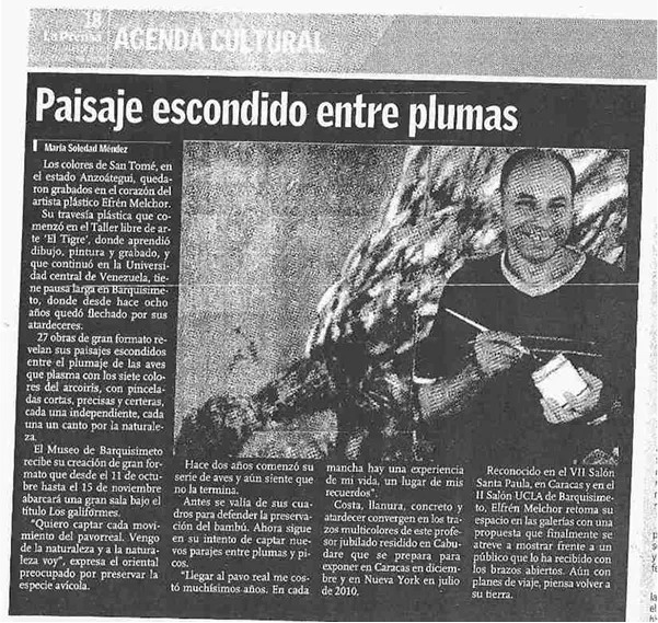 Artículo sobre el arte de Efren Melchor en la exposición 'Entre Plumas