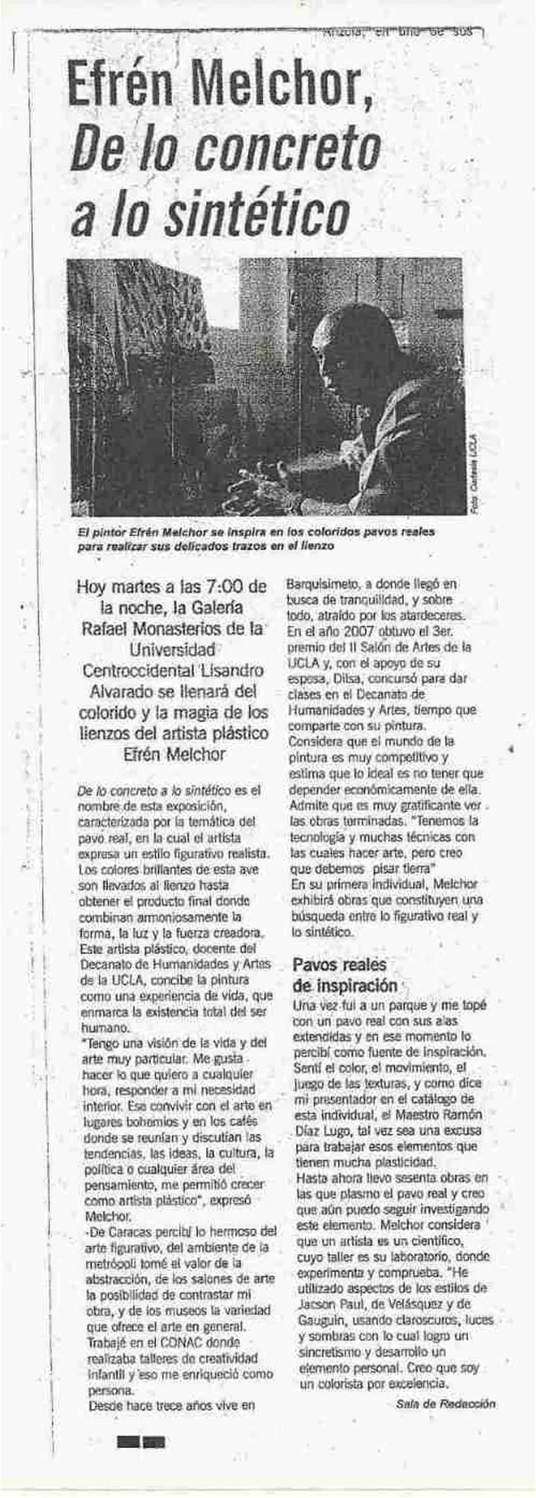 Artículo sobre la exposición de arte "de lo concreto a lo sintético" de Efren Melchor